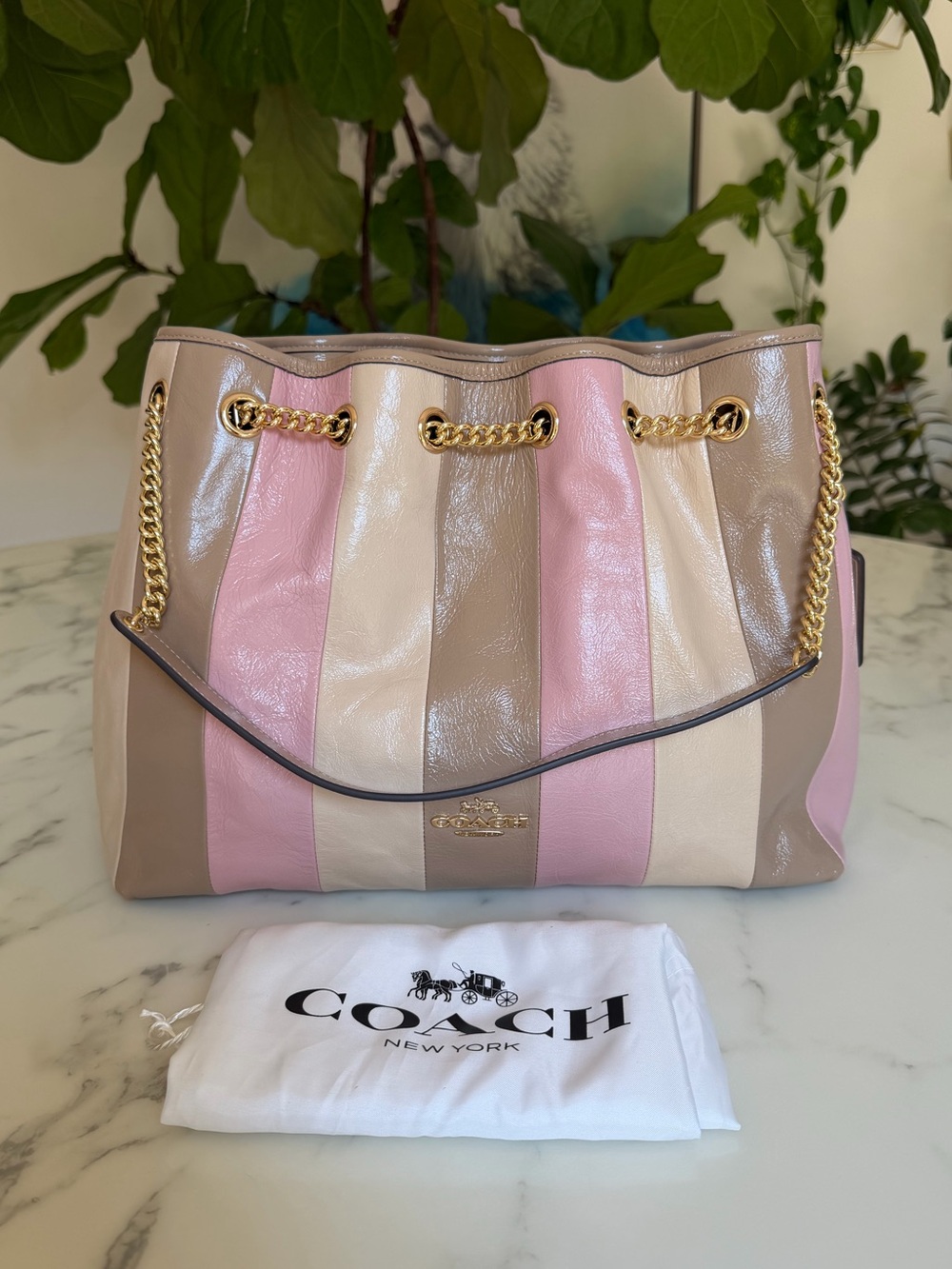 Coach Evelyn Shoulder Bag With Striped Patchwork Gold Taupe Pink Multi CDW41